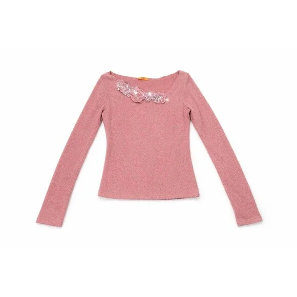 Coquette Balletcore Pink Floral Beaded Sweater Y2K Soft Girl Knit XXI Top Med - Picture 2 of 4